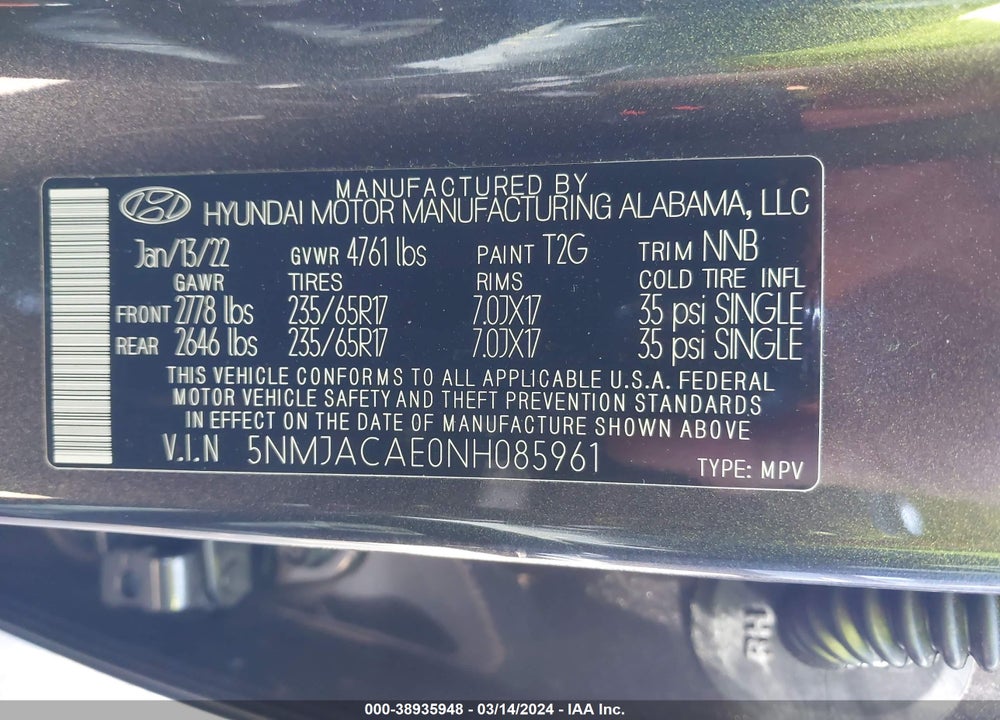 2022 HYUNDAI TUCSON SE VIN: 5NMJACAE0NH085961