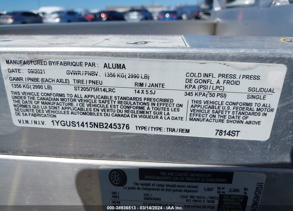 2021 ALUMA TRAILER VIN: 1YGUS1415NB245376