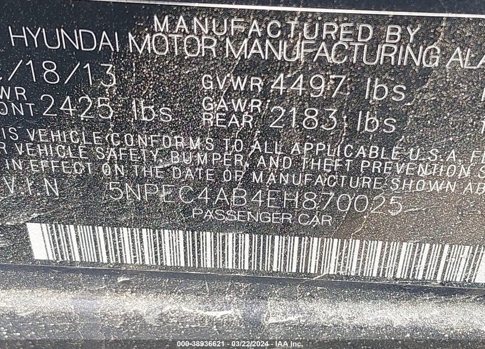 2014 HYUNDAI SONATA LIMITED 2.0T VIN: 5NPEC4AB4EH870025