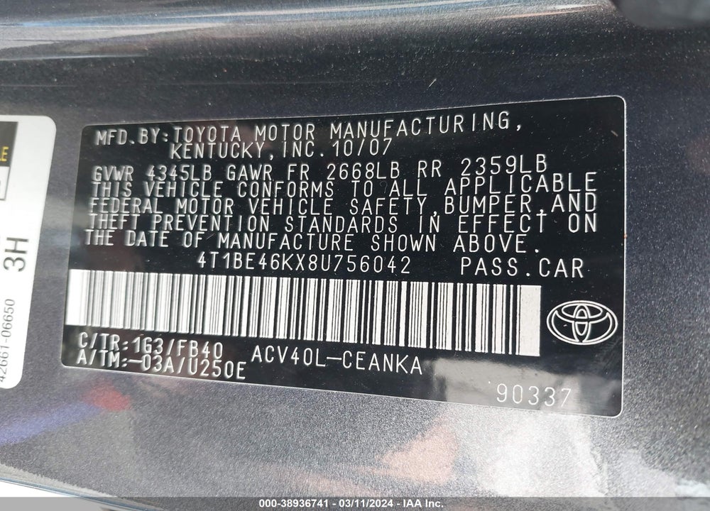 2008 TOYOTA CAMRY LE VIN: 4T1BE46KX8U756042