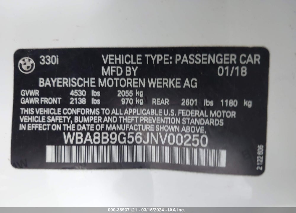 2018 BMW 330I VIN: WBA8B9G56JNV00250