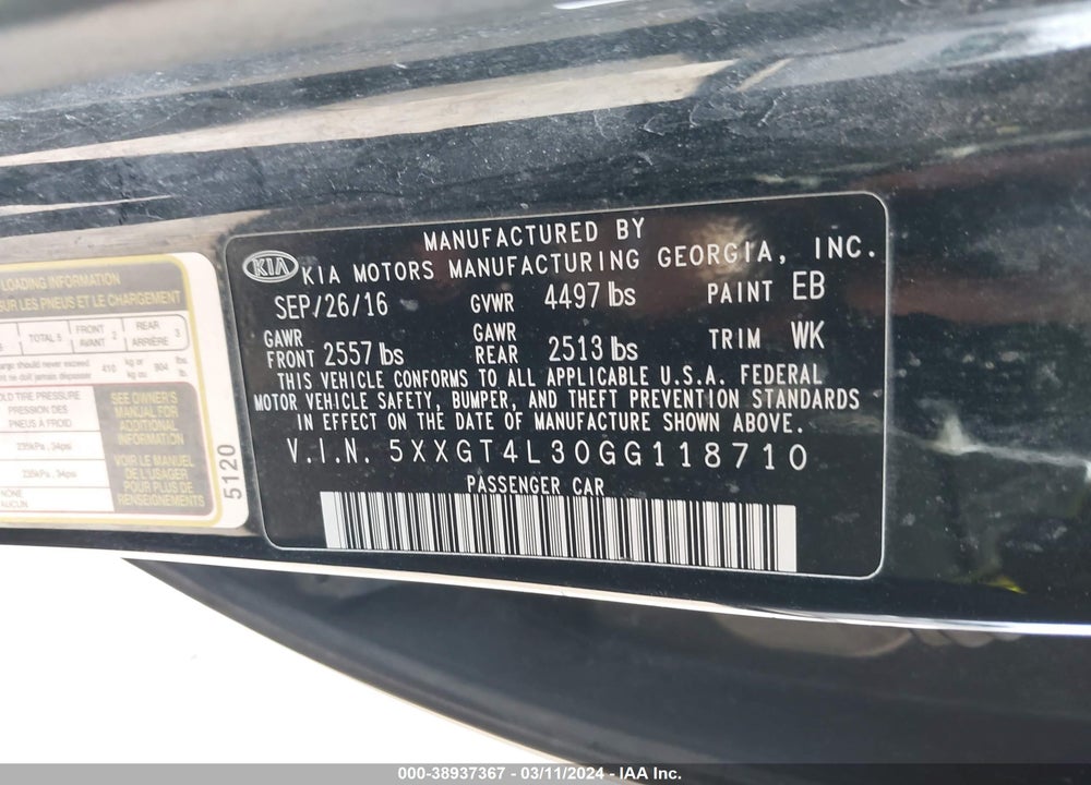 2016 KIA OPTIMA LX VIN: 5XXGT4L30GG118710