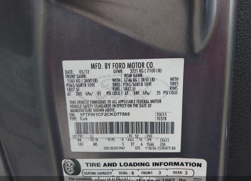 2012 FORD F-150 XLT VIN: 1FTFW1CF2CKD77565