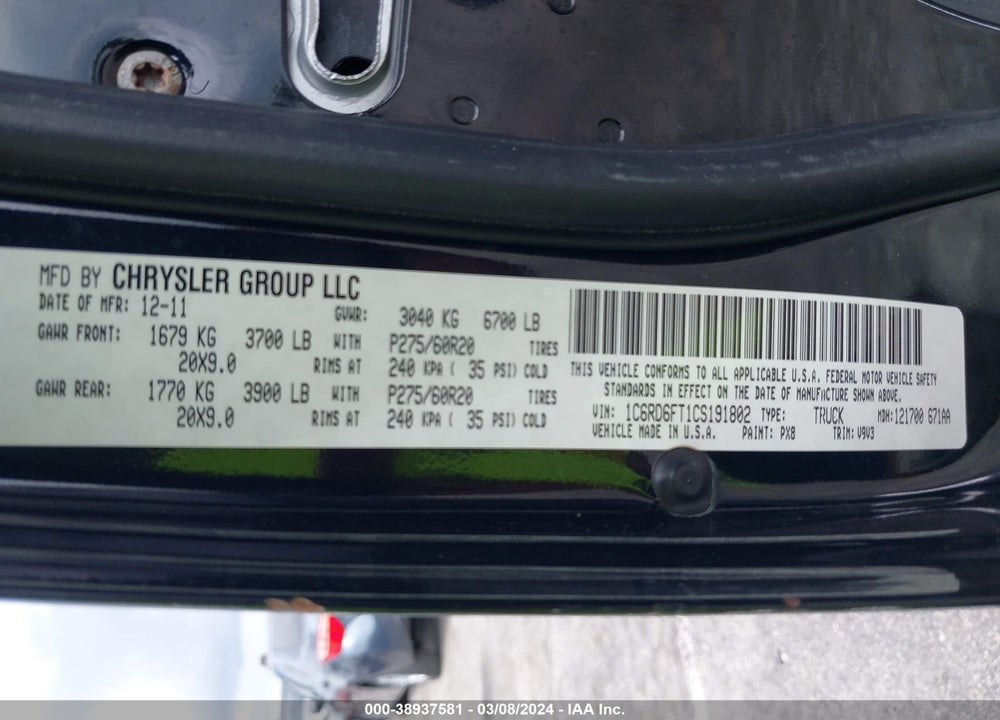 2012 RAM 1500 VIN: 1C6RD6FT1CS191802
