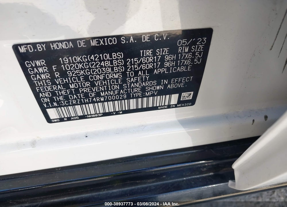 2024 HONDA HR-V VIN: 3CZRZ1H74RM700029