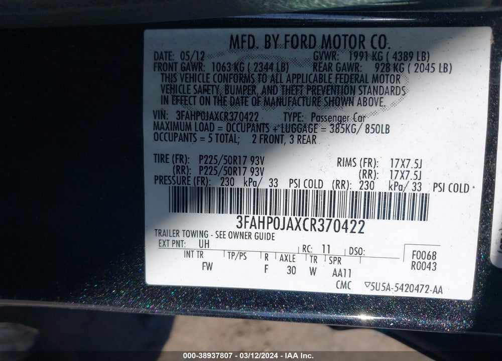 2012 FORD FUSION SEL VIN: 3FAHP0JAXCR370422