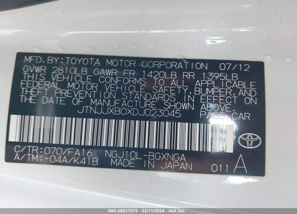 2013 SCION IQ VIN: JTNJJXB0XDJ023045