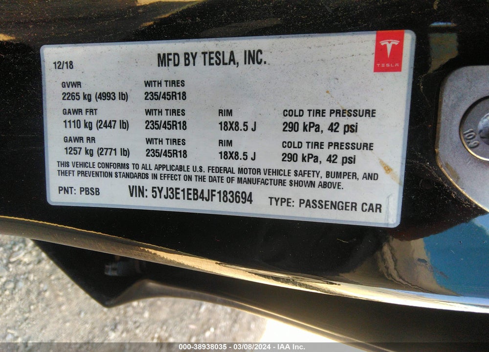 2018 TESLA MODEL 3 LONG RANGE/PERFORMANCE VIN: 5YJ3E1EB4JF183694