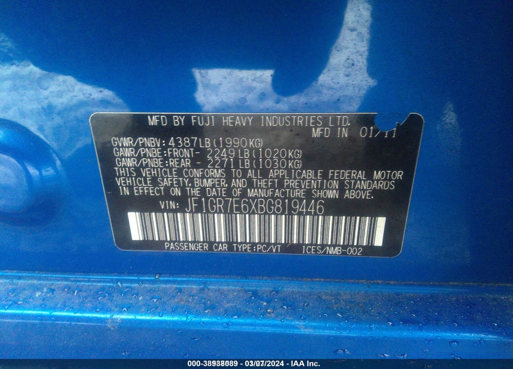 2011 SUBARU IMPREZA WRX VIN: JF1GR7E6XBG819446