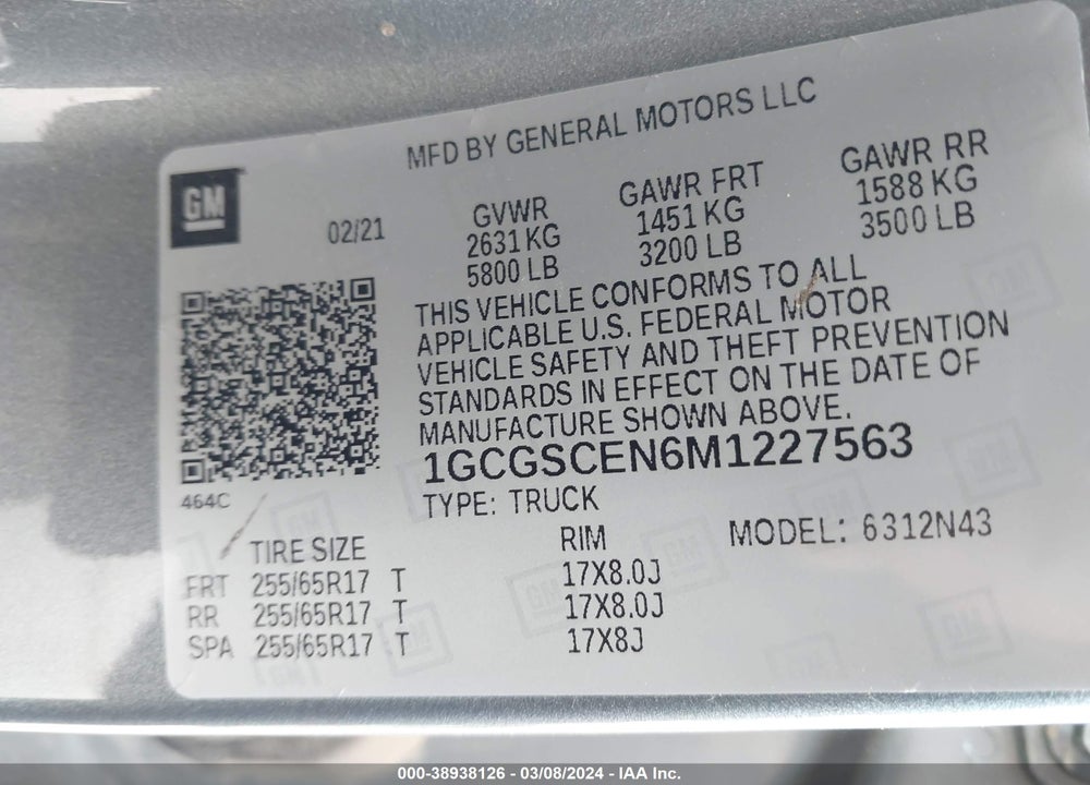 2021 CHEVROLET COLORADO 2WD SHORT BOX LT VIN: 1GCGSCEN6M1227563