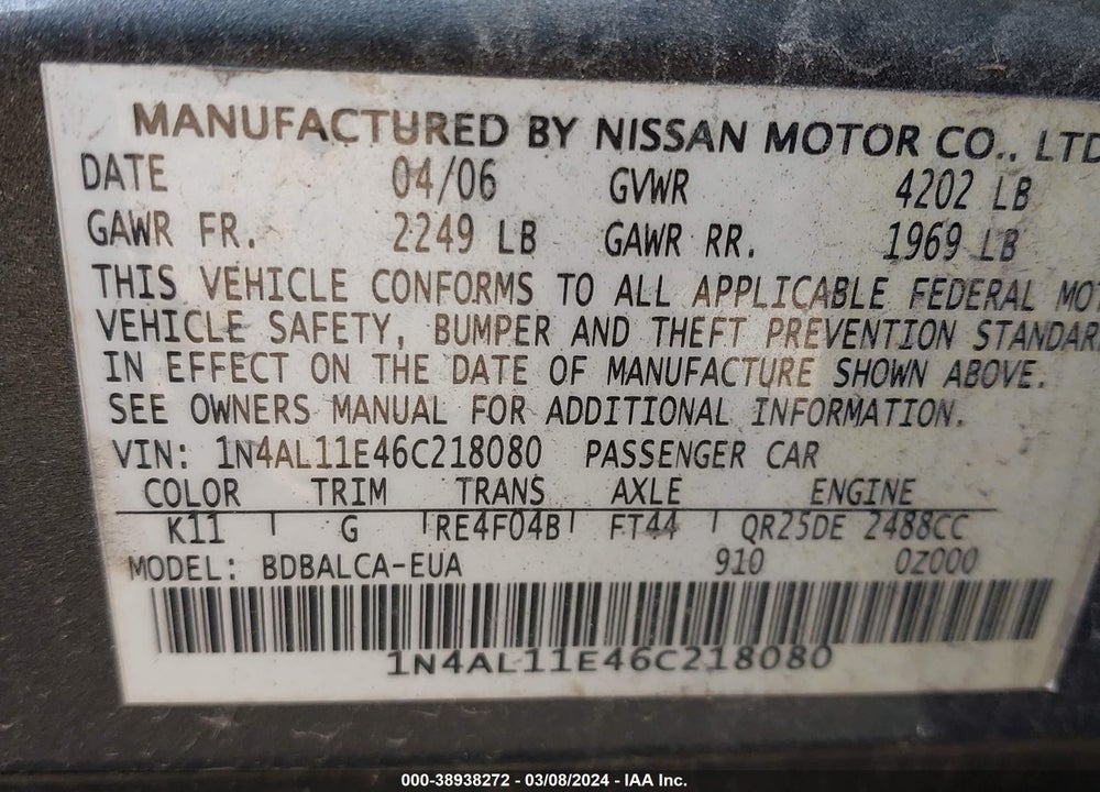 2006 NISSAN ALTIMA 2.5 S VIN: 1N4AL11E46C218080