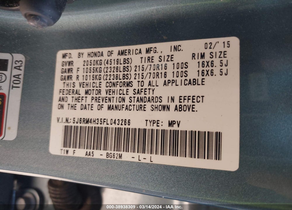 2015 HONDA CR-V LX VIN: 5J6RM4H35FL043266