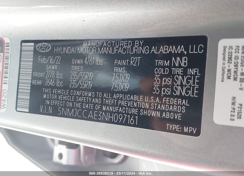 2022 HYUNDAI TUCSON SEL VIN: 5NMJCCAE3NH097161