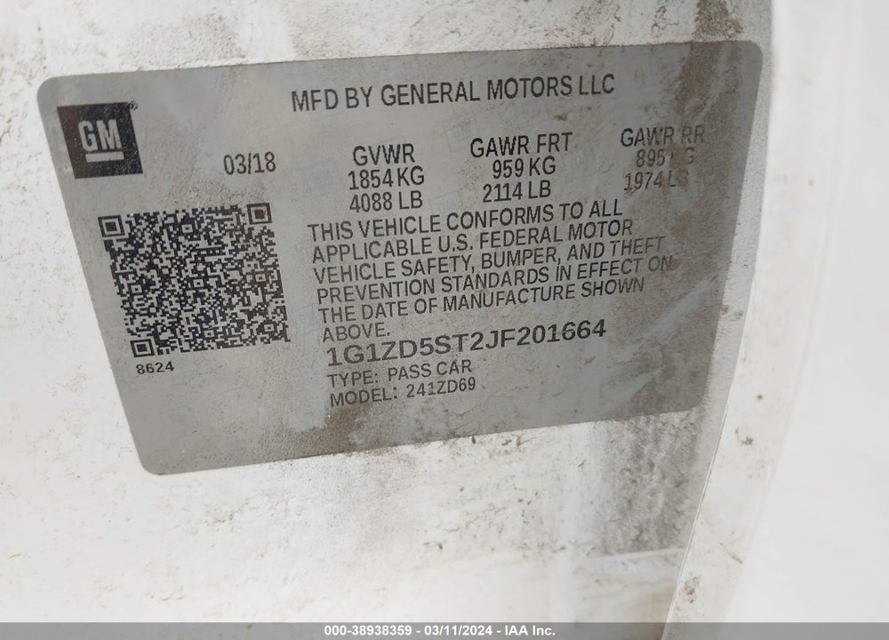 2018 CHEVROLET MALIBU LT VIN: 1G1ZD5ST2JF201664