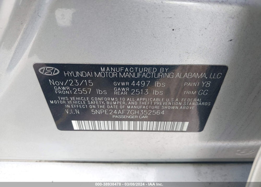 2016 HYUNDAI SONATA SE VIN: 5NPE24AF7GH352564