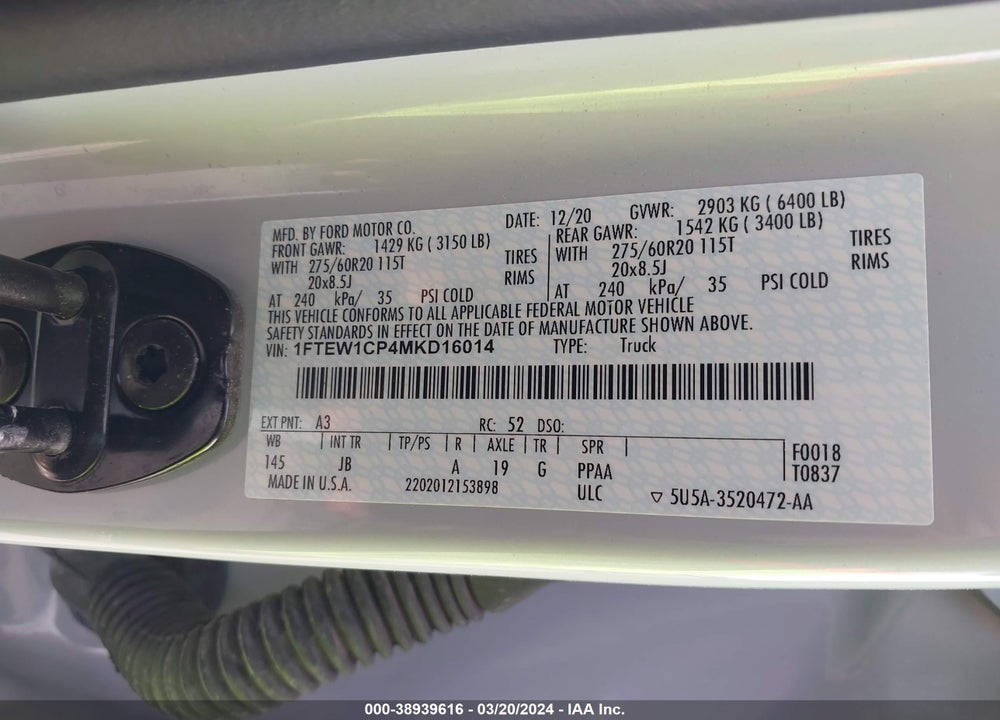 2021 FORD F-150 XL VIN: 1FTEW1CP4MKD16014