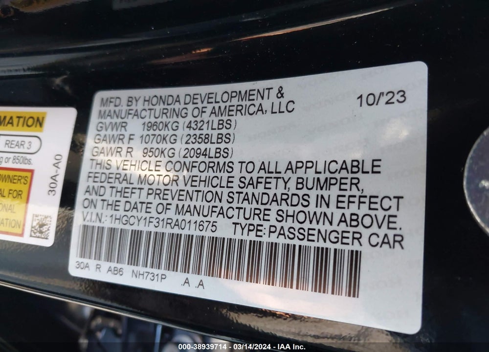 2024 HONDA ACCORD EX VIN: 1HGCY1F31RA011675
