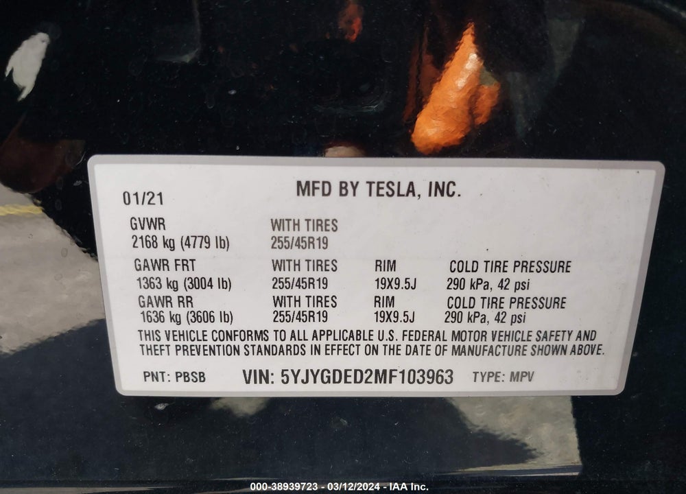 2021 TESLA MODEL Y STANDARD RANGE REAR-WHEEL DRIVE VIN: 5YJYGDED2MF103963