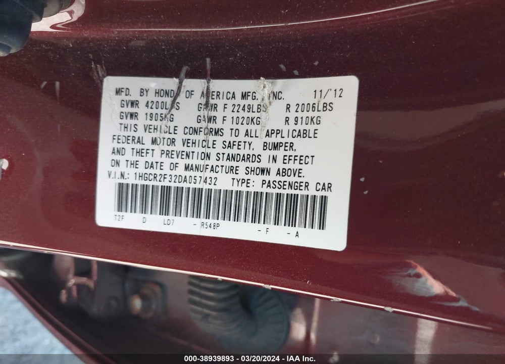 2013 HONDA ACCORD LX VIN: 1HGCR2F32DA057432