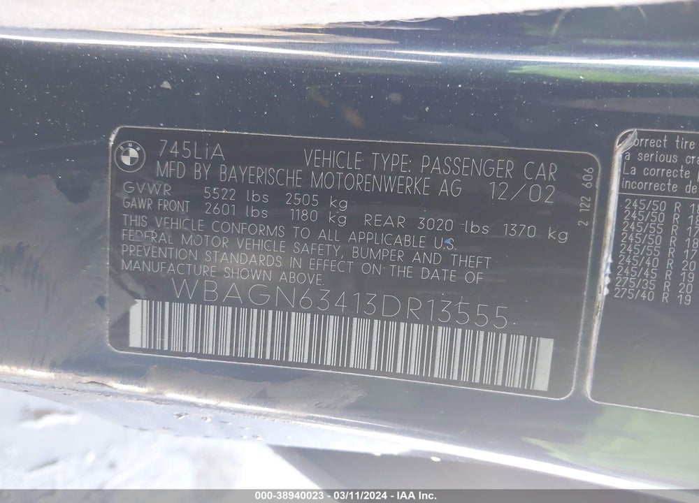 2003 BMW 745LI VIN: WBAGN63413DR13555