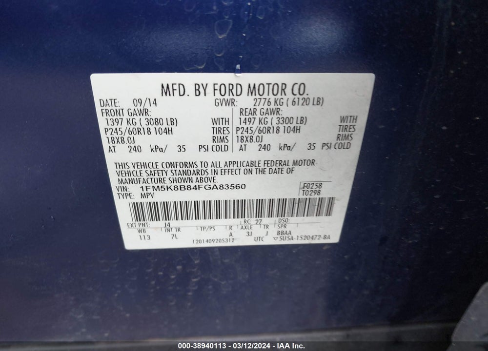 2015 FORD EXPLORER VIN: 1FM5K8B81FGAB3560