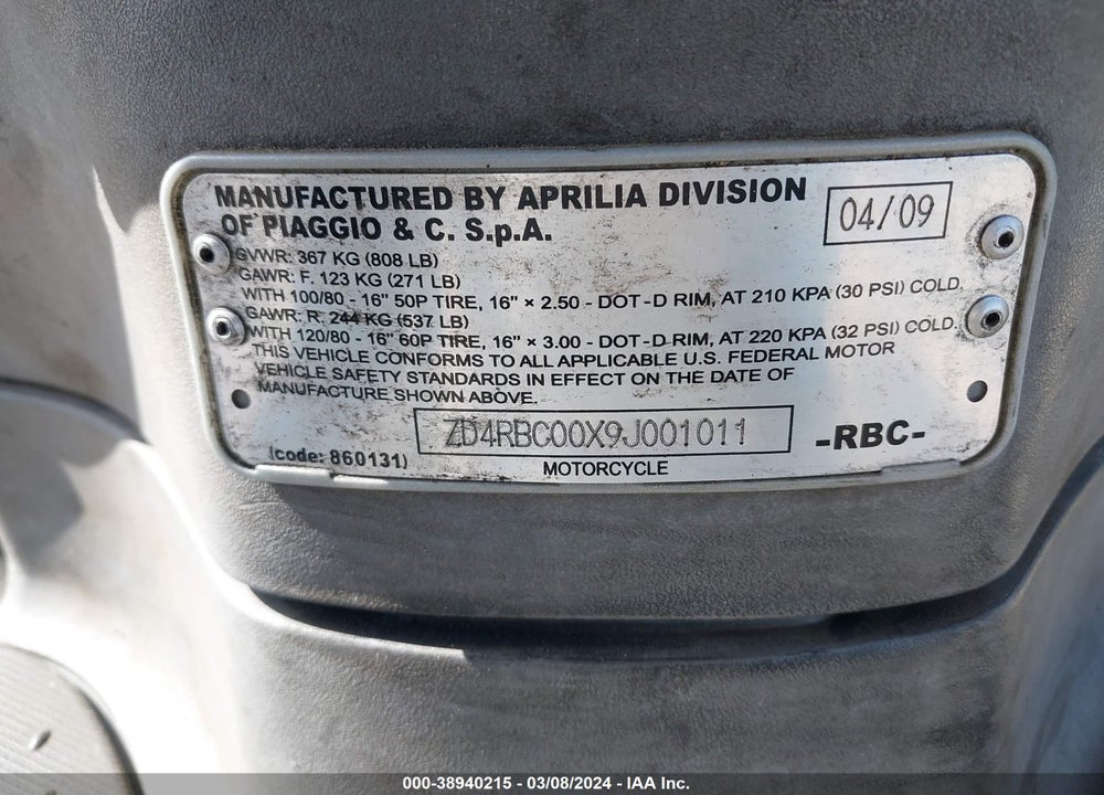2009 APRILIA SCARABEO 200 VIN: ZD4RBC00X9J001011
