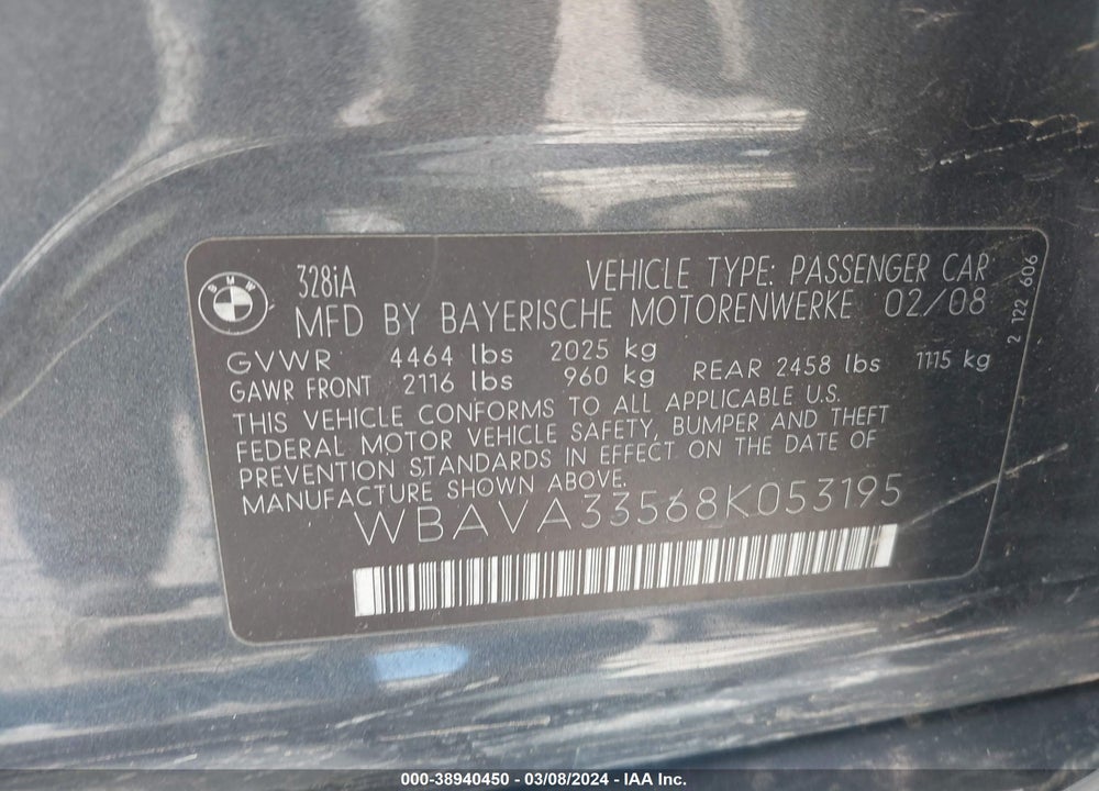 2008 BMW 328I VIN: WBAVA33568K053195