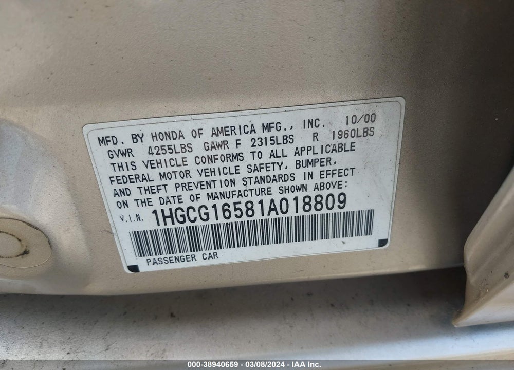 2001 HONDA ACCORD 3.0 EX VIN: 1HGCG16581A018809