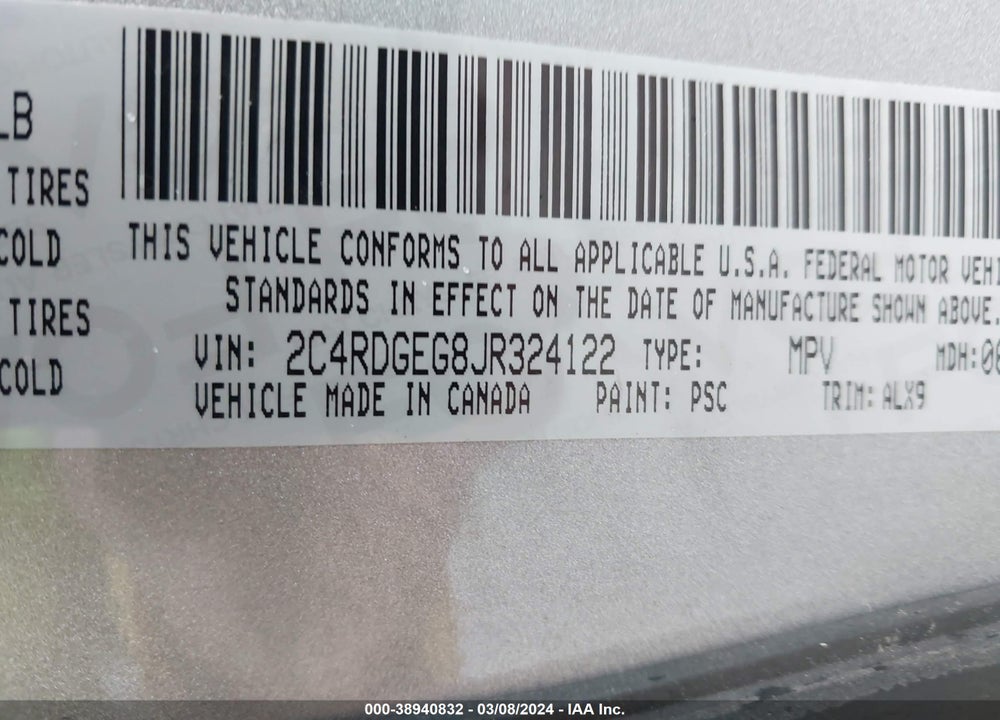 2018 DODGE GRAND CARAVAN GT VIN: 2C4RDGEG8JR324122