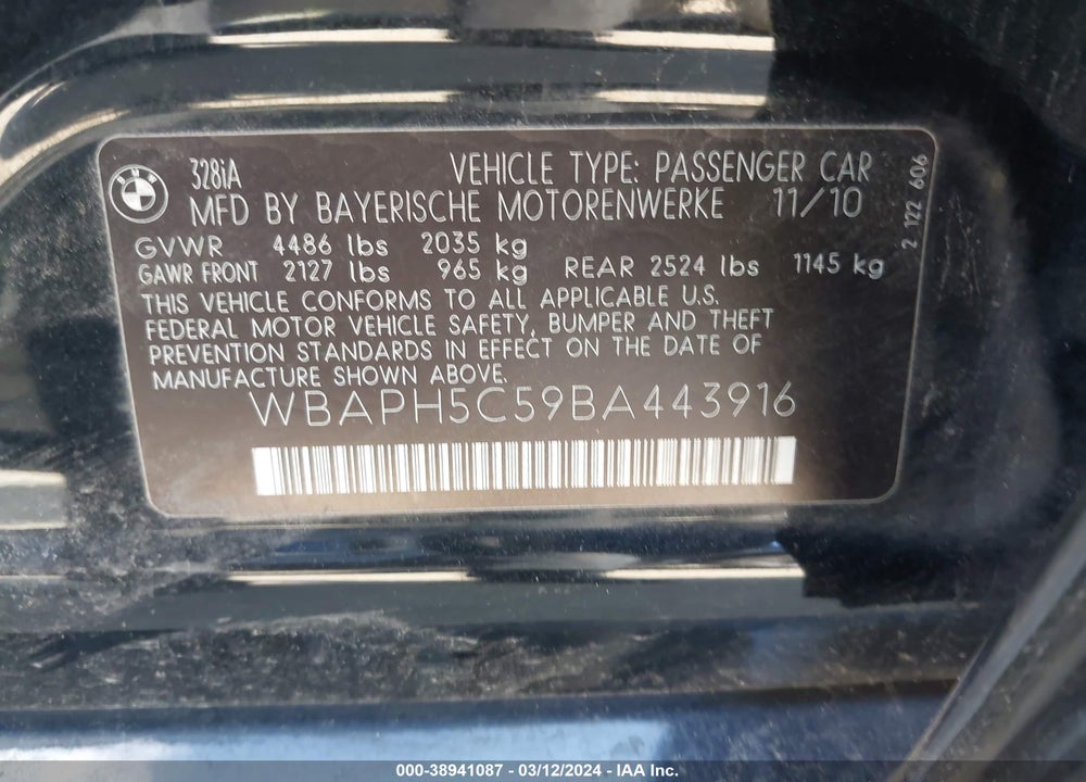 2011 BMW 328I VIN: WBAPH5C59BA443916