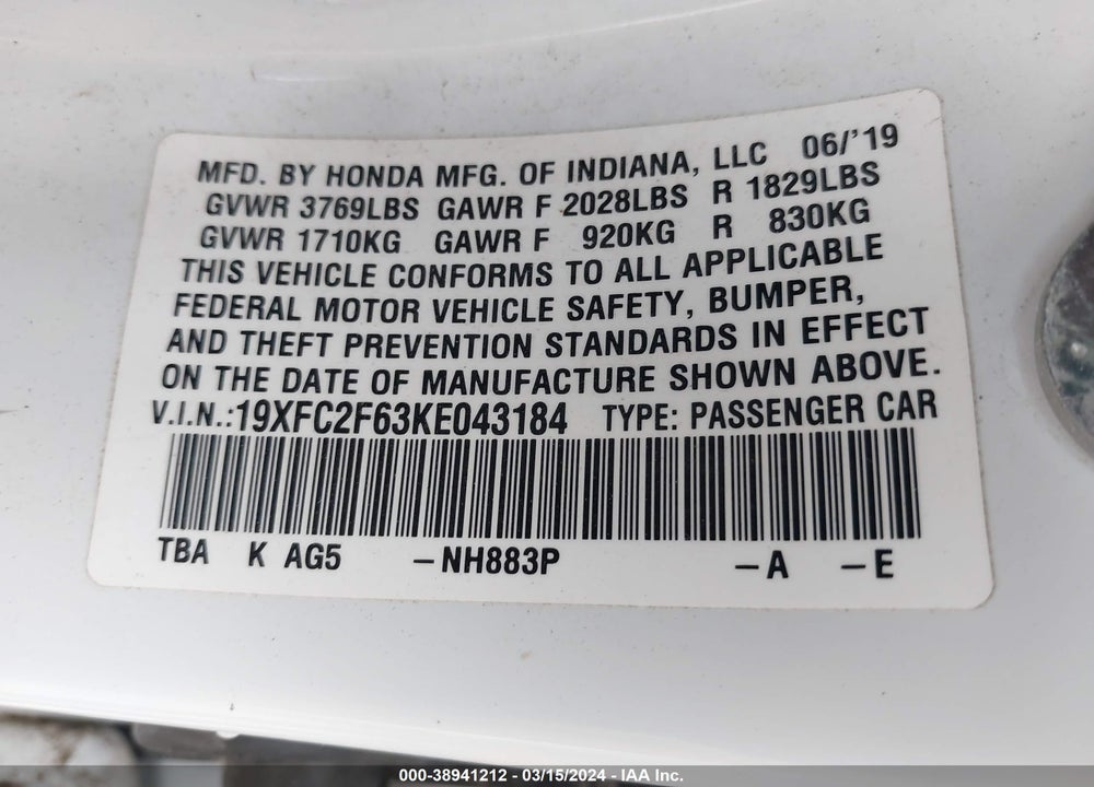 2019 HONDA CIVIC LX VIN: 19XFC2F63KE043184