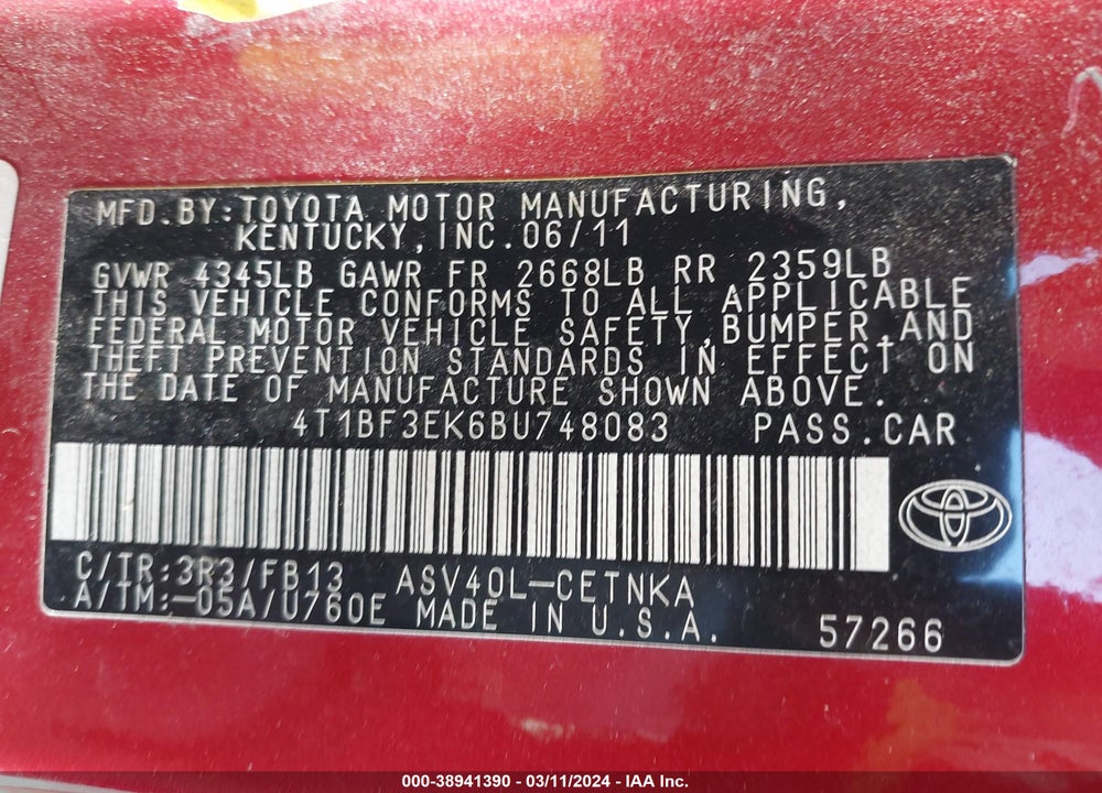 2011 TOYOTA CAMRY LE VIN: 4T1BF3EK6BU748083