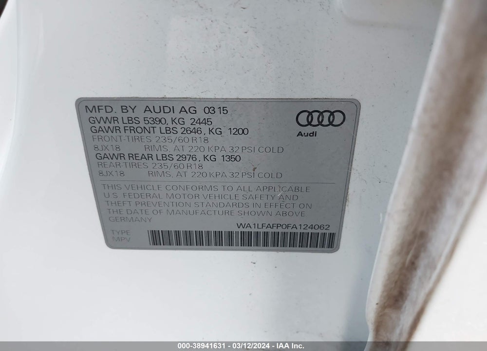 2015 AUDI Q5 2.0T PREMIUM VIN: WA1LFAFP0FA124062