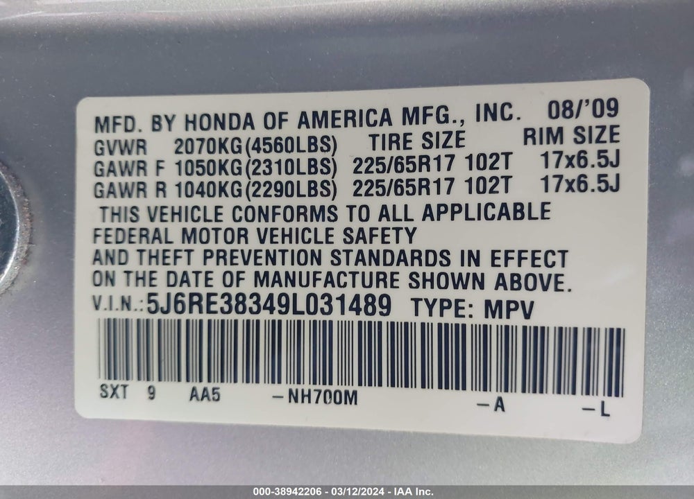 2009 HONDA CR-V VIN: 5J6RE38349L031489