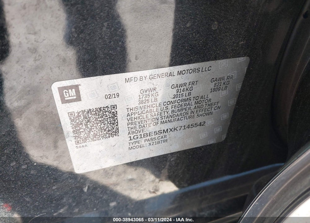 2019 CHEVROLET CRUZE LT VIN: 1G1BE5SMXK7145542