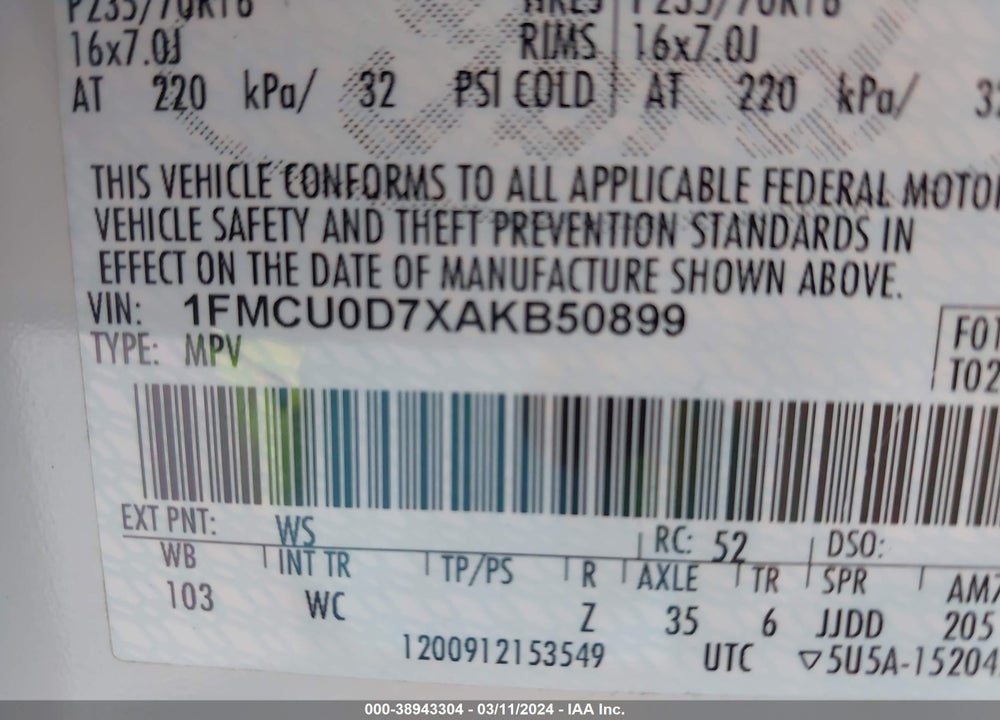 2010 FORD ESCAPE XLT VIN: 1FMCU0D7XAKB50899
