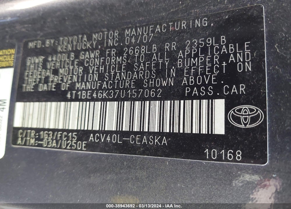 2007 TOYOTA CAMRY SE VIN: 4T1BE46K37U157062