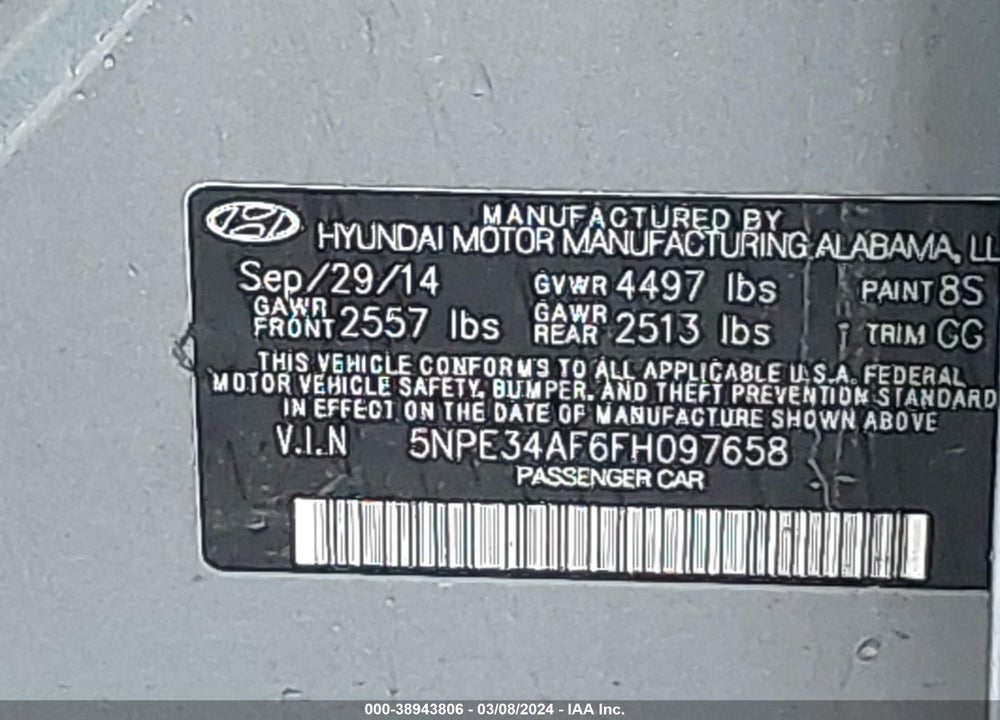 2015 HYUNDAI SONATA SPORT VIN: 5NPE34AF6FH097658