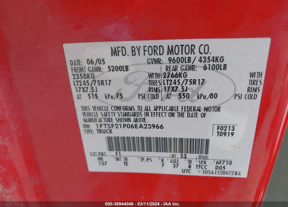 2006 FORD F-250 XL/XLT VIN: 1FTSF21P06EA23966