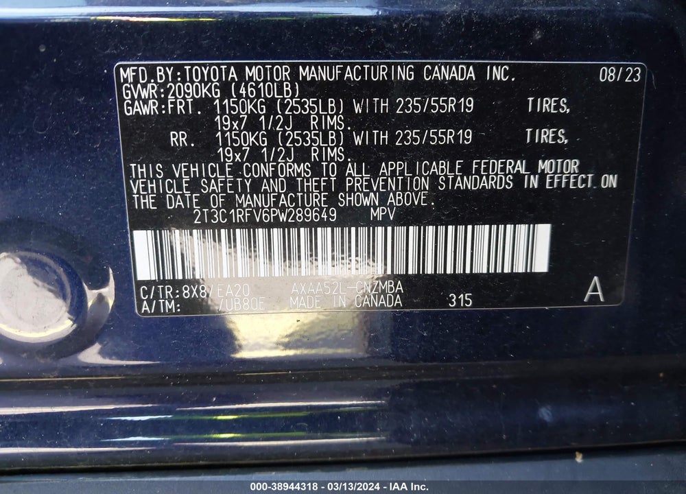 2023 TOYOTA RAV4 VIN: 2T3C1RFV6PW289649