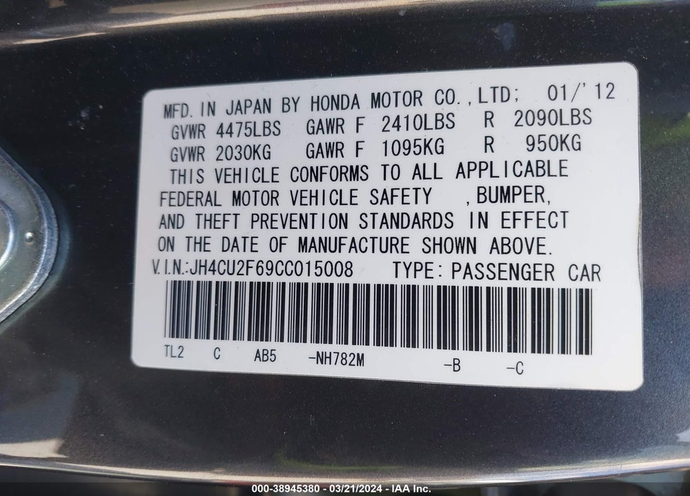 2012 ACURA TSX 2.4 VIN: JH4CU2F69CC015008
