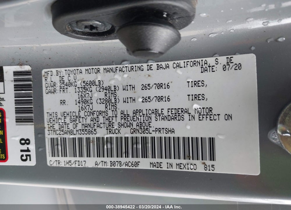 2020 TOYOTA TACOMA TRD OFF ROAD VIN: 3TMCZ5AN8LM355865