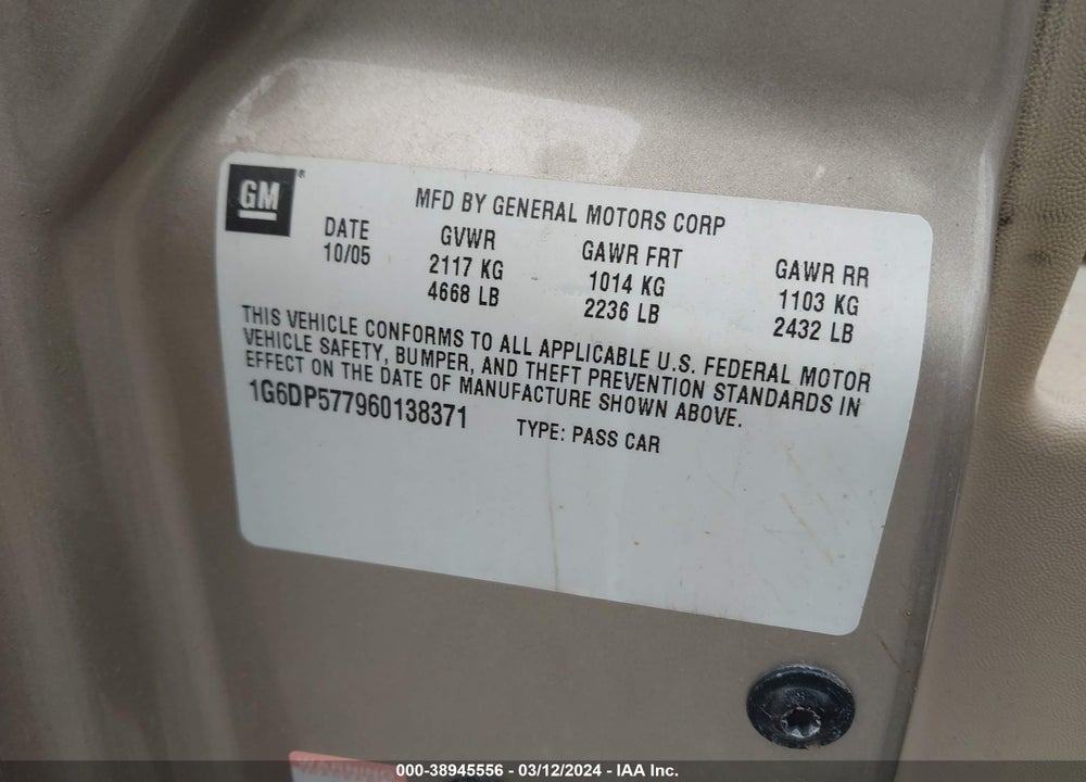 2006 CADILLAC CTS VIN: 1G6DP577960138371