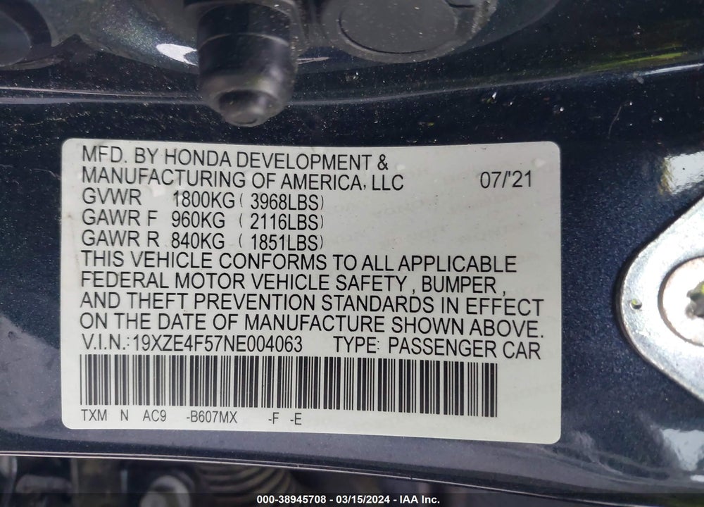 2022 HONDA INSIGHT EX VIN: 19XZE4F57NE004063