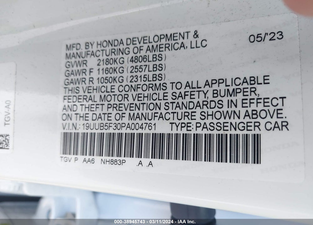 2023 ACURA TLX STANDARD VIN: 19UUB5F30PA004761