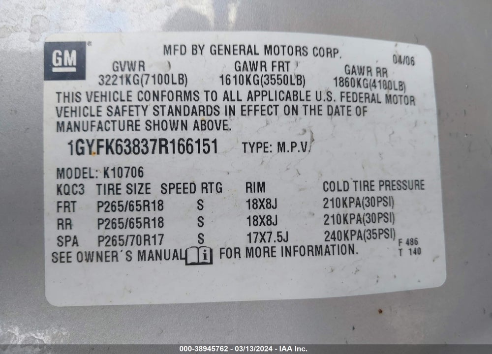 2007 CADILLAC ESCALADE STANDARD VIN: 1GYFK63837R166151
