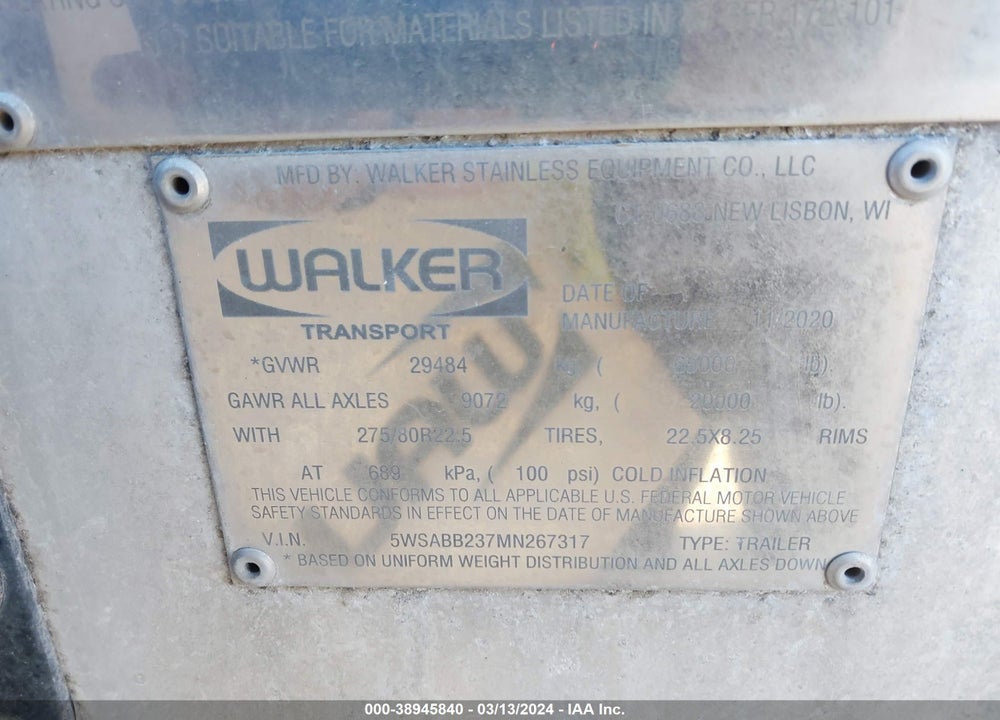 2021 WALKER STAINLESS EQUIP CO --- VIN: 5WSABB237MN267317