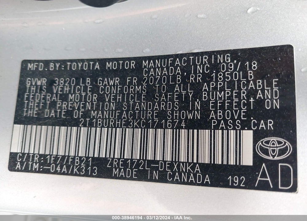 2019 TOYOTA COROLLA LE VIN: 2T1BURHE3KC171674