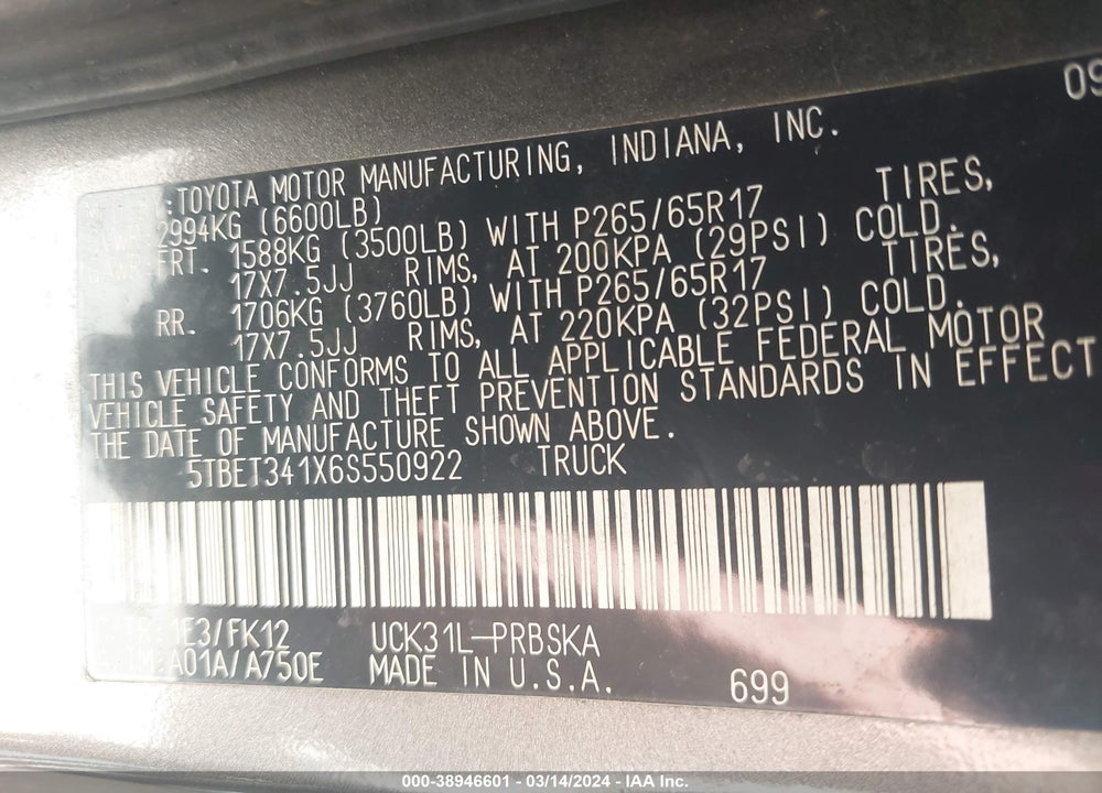 2006 TOYOTA TUNDRA SR5 V8 VIN: 5TBET341X6S550922