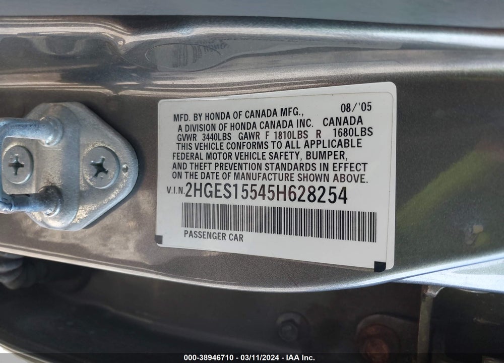 2005 HONDA CIVIC VIN: 2HGES15545H628254